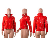 Plus Size Solid PU Leather Zipper Winter Down Jacket GLF-4524