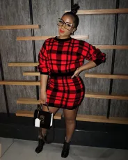 Plaid Sweater Tops+Bodycon Skirt Two Piece Sets ZSD-078