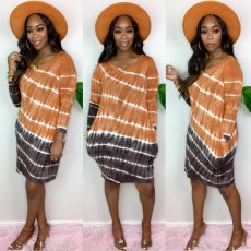 Tie Dye Print Long Sleeve O Neck Mini Dress QZX-6164