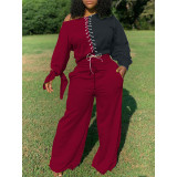 Plus Size 4XL Casual Lace Up Wide Leg Pants Set BLX-7533