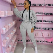 Casual Lace Up Sweatshirt Two Piece Pants Set HM-6348
