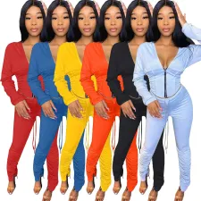 Solid Zipper Hooded Coat Stacked Pants 2 Piece Sets HM-6347