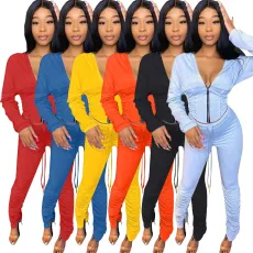 Solid Zipper Hooded Coat Stacked Pants 2 Piece Sets HM-6347