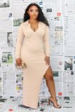 Solid Ribbed Sexy High Split Maxi Dress HM-6349