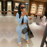 Plus Size Casual Solid Color Ruched Long Sleeve Two Piece Set TE-4002-1