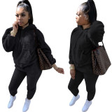 Solid Color Plush Sweatshirt Hoodie Long Pant Two Piece Set TE-4122