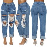 Plus Size Fashion Casual Washed Straight Ripped Hole High Waisted Jeans LX-5115