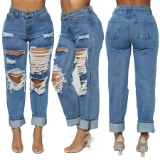  Plus Size Fashion Casual Washed Straight Ripped Hole High Waisted Jeans LX-5115