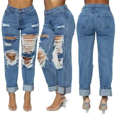  Plus Size Fashion Casual Washed Straight Ripped Hole High Waisted Jeans LX-5115