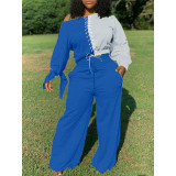 Plus Size 4XL Casual Lace Up Wide Leg Pants Set BLX-7533