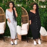 Casual V Neck Short Sleeve Maxi Dress CHY-1255