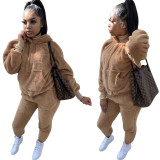 Solid Color Plush Sweatshirt Hoodie Long Pant Two Piece Set TE-4122