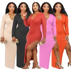 Solid Ribbed Sexy High Split Maxi Dress HM-6349