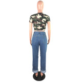  Plus Size Fashion Casual Washed Straight Ripped Hole High Waisted Jeans LX-5115