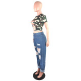  Plus Size Fashion Casual Washed Straight Ripped Hole High Waisted Jeans LX-5115