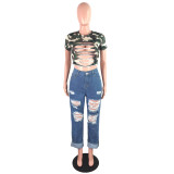  Plus Size Fashion Casual Washed Straight Ripped Hole High Waisted Jeans LX-5115