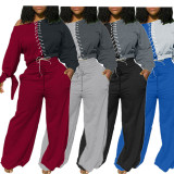 Plus Size 4XL Casual Lace Up Wide Leg Pants Set BLX-7533