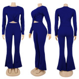 Solid O Neck Long Sleeve Flared Pants 2 Piece Sets SFY-174