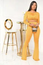 Solid O Neck Long Sleeve Flared Pants 2 Piece Sets SFY-174