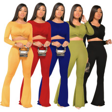 Solid O Neck Long Sleeve Flared Pants 2 Piece Sets SFY-174
