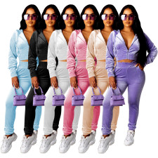 Casual Velvet Zipper Hooded Two Piece Pants Set MOF-5189