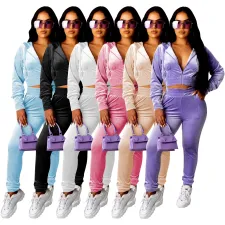 Casual Velvet Zipper Hooded Two Piece Pants Set MOF-5189