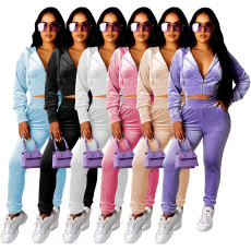 Casual Velvet Zipper Hooded Two Piece Pants Set MOF-5189