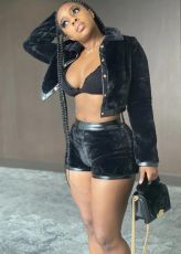 Trendy Velvet Leather Patchwork Coat And Shorts Set MOF-5188
