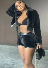 Trendy Velvet Leather Patchwork Coat And Shorts Set MOF-5188