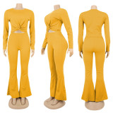 Solid O Neck Long Sleeve Flared Pants 2 Piece Sets SFY-174