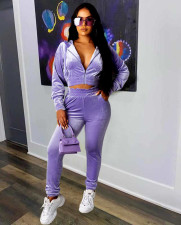 Casual Velvet Zipper Hooded Two Piece Pants Set MOF-5189