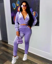 Casual Velvet Zipper Hooded Two Piece Pants Set MOF-5189
