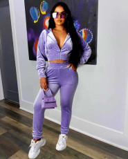 Casual Velvet Zipper Hooded Two Piece Pants Set MOF-5189