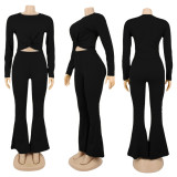Solid O Neck Long Sleeve Flared Pants 2 Piece Sets SFY-174