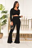 Solid O Neck Long Sleeve Flared Pants 2 Piece Sets SFY-174
