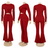 Solid O Neck Long Sleeve Flared Pants 2 Piece Sets SFY-174
