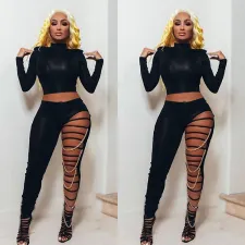 Sexy Solid Color Skinny Long Sleeve Top And Hole Chains Pants Two Piece Set GLF-8060