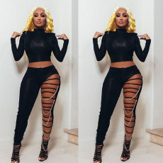 Sexy Solid Color Skinny Long Sleeve Top And Hole Chains Pants Two Piece Set GLF-8060
