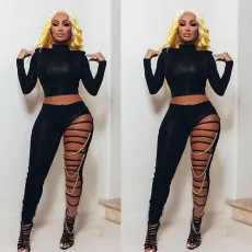 Sexy Solid Color Skinny Long Sleeve Top And Hole Chains Pants Two Piece Set GLF-8060