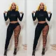 Sexy Solid Color Skinny Long Sleeve Top And Hole Chains Pants Two Piece Set GLF-8060