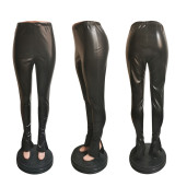 PU Leather Elastic Split Skinny Pants HMS-5385