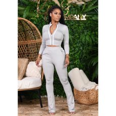 Casual Zipper Long Sleeve Two Piece Pants Set XMY-9266