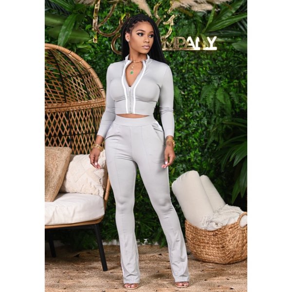 Casual Zipper Long Sleeve Two Piece Pants Set XMY-9266