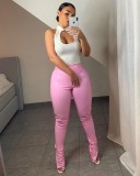 PU Leather Elastic Split Skinny Pants HMS-5385