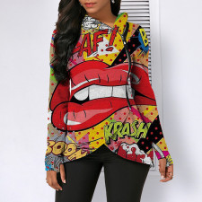 Fashion Lip Print Irregular Hood Zipper Top GLF-8058