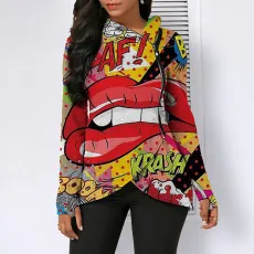 Fashion Lip Print Irregular Hood Zipper Top GLF-8058