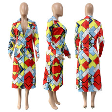 Plus Size Colorful Geometric Plaid Suit Collar Long Coat GLF-8056
