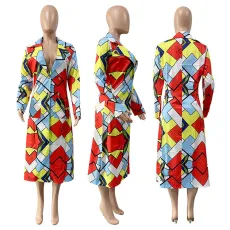 Plus Size Colorful Geometric Plaid Suit Collar Long Coat GLF-8056