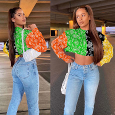 Fashion Print Colorful Splice Long Sleeve Top GLF-8070