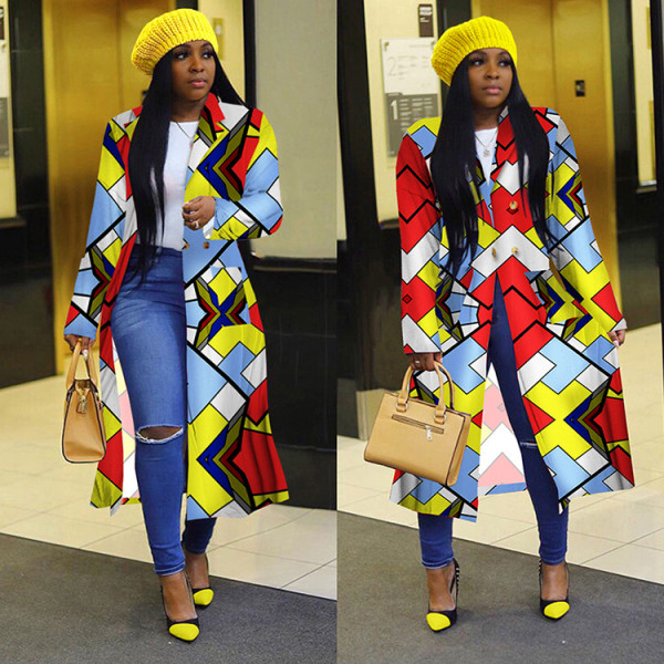 Plus Size Colorful Geometric Plaid Suit Collar Long Coat GLF-8056